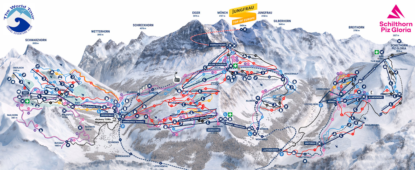 Jungfrau ski region trail map showing Mürren, Wengen, Grindelwald, Kleine Scheidegg and Schilthorn Piz Gloria in Switzerland