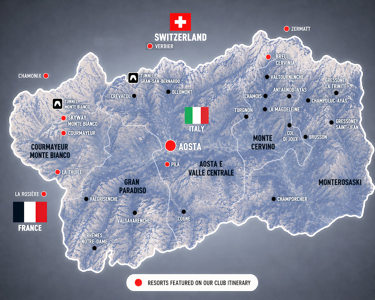 Aosta Ski/Ride Agenda map showing resorts featured on our club itinerary including Aosta, Pila, Courmayeur, Cervinia, La Thuile, Zermatt, Verbier, Chamonix and La Rosière