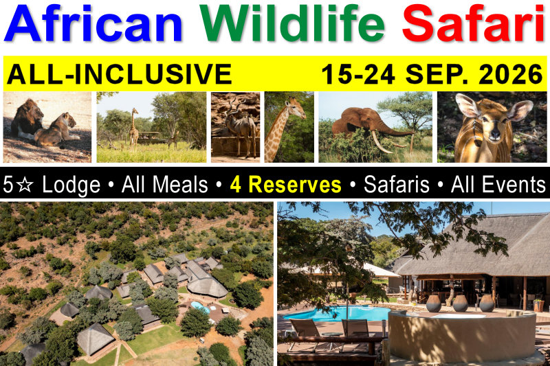 Africa Wildlife Safari - All-Inclusive - Sep. 2026
All-Inclusive: Lodging, Meals, Events, Big-5 Safaris & more INCLUDED!
8+ Wildlife Drives • Night Safaris • Campfire Dinners • Four Wildlife Reserves • Tribal Night • Bush Walks/Hikes • Events & more!
Malaria Free, Private Waterberg Mountains Reserve.