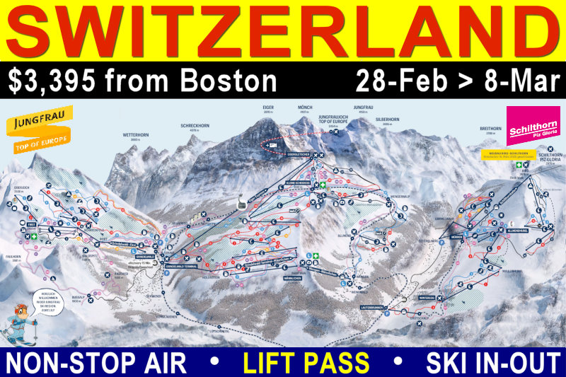Switzerland, Murren: 25-Feb to 8-Mar, 2026
Ski/Ride Eiger, Mönch, and Jungfrau Switzerlanf!