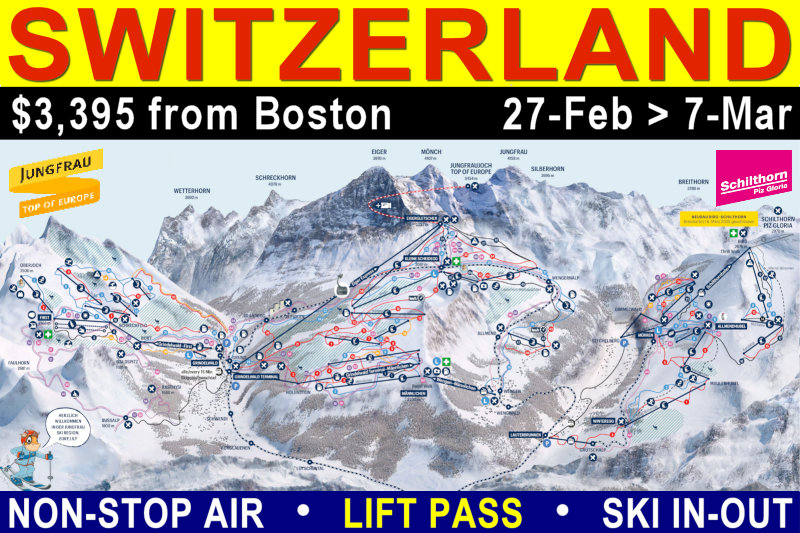 Switzerland, Murren: 27-Feb to 7-Mar, 2027
Ski/Ride Eiger, Mönch, and Jungfrau Switzerland!